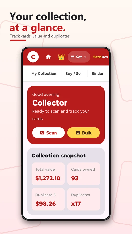 Your collection at a glance: cards, value and duplicates