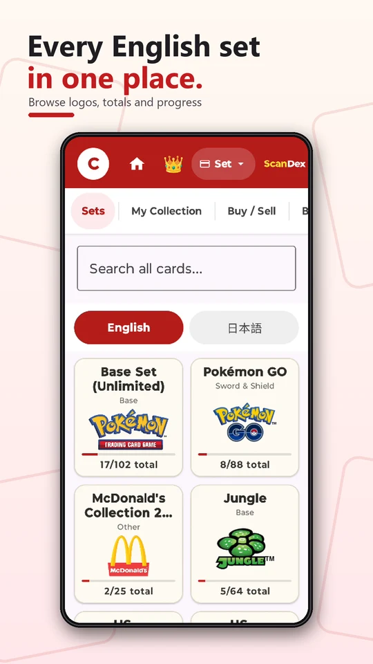 Browse English sets, logos and collection progress