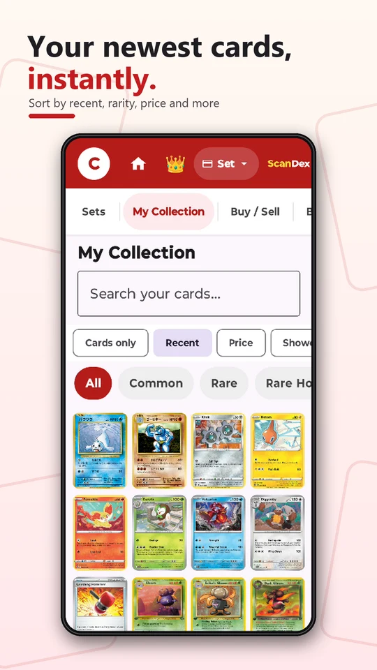 ScanDex collection screen with saved cards