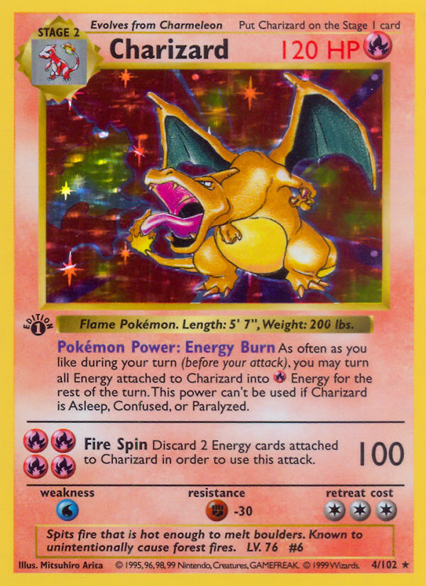 Charizard Base Set card, number 4/102, with first-edition stamp