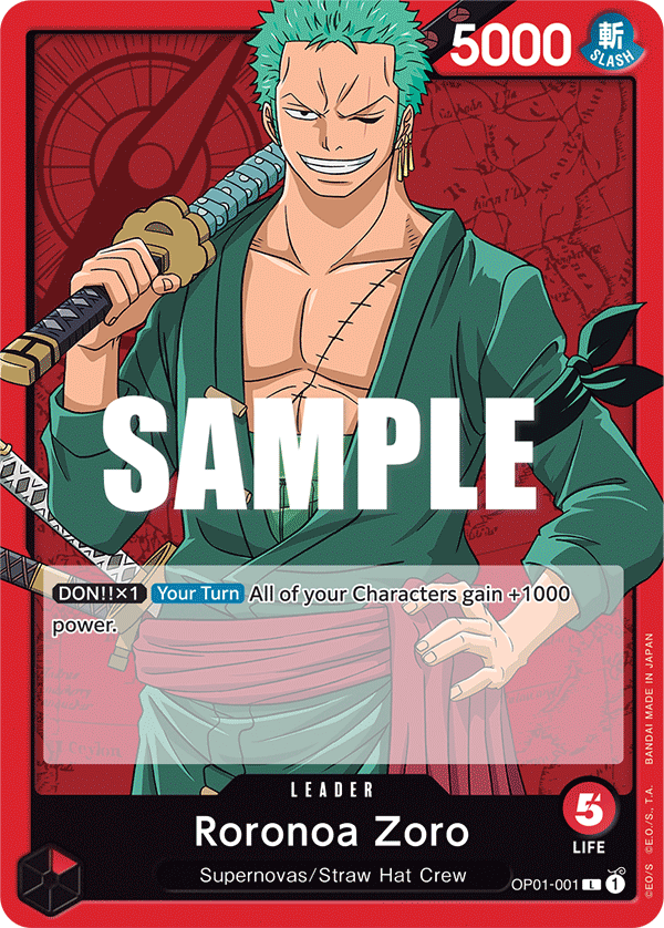 Sample artwork of Roronoa Zoro Leader card OP01-001